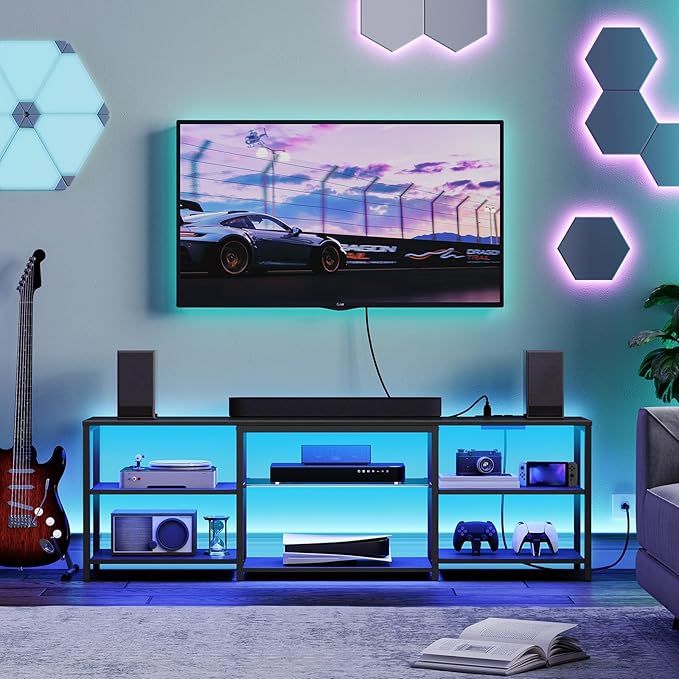 HOOBRO LED TV Stand for 75 Inch TVs with Charging Station Gaming Entertainment Center with 3-Tier Open Storage Long 63” Media TV Console Table TV Stand for Living Room Bedroom Black BB21UDDS01