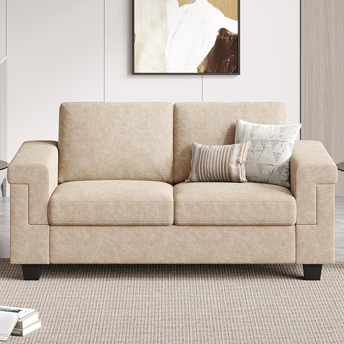 2 Seater Sofa Couch with Deep Seat 64 Modern Upholstered Loveseat Sofa with Armrests Easy Installation Comfy Couches for Living Room Apartment Beige