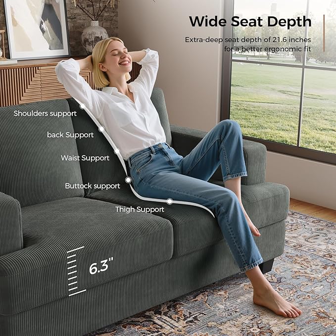 63 Inch Sofa with Extra Deep Seats Oversize Corduroy Fabric 2 Seater Sofa for Living RoomModern Couch and Loveseat Comfy Armrests and Seats and Backrests Easy Installation Dark Gray