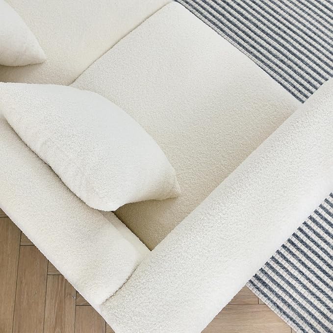 Loveseat Modern Sofa 81 Teddy Boucle Comfy Cloud Couch Upholstered Deep 3 Seater Sherpa Couch Set with Stylish Metal Legs for Living Room Home Office Bedroom Apartment White
