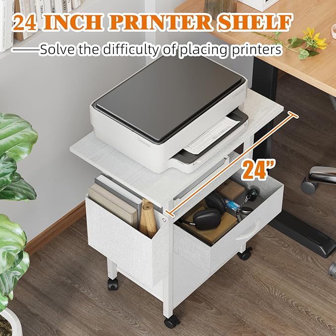GYIIYUO 2 Drawer File Cabinet with 24'' Extended Desktop Mobile Filing Cabinet Rolling File Cabinet with Side Bag Fabric Drawer Fits A4/Letter Size Printer Stand Home Office White