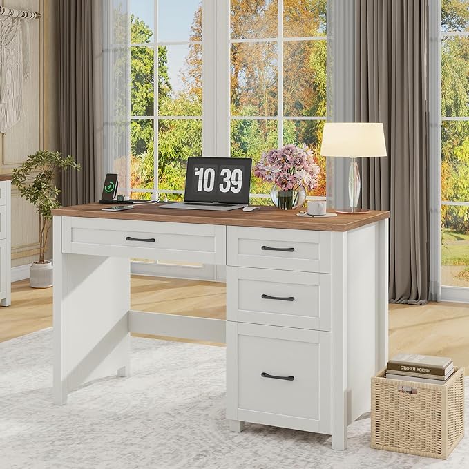 Vabches Farmhouse 47 Executive Desk Computer Desk with File Drawer and Charging Station Workstation for Home Office &amp Study（Off White