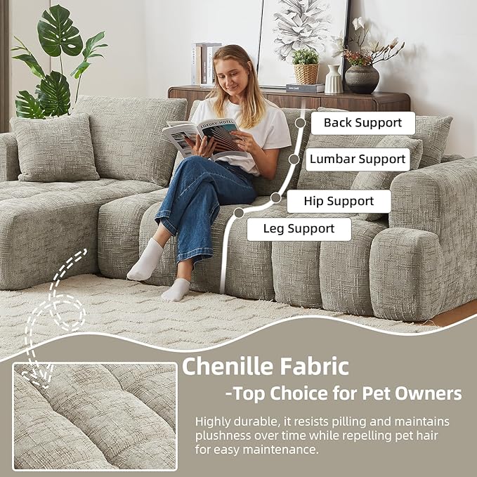 110 Inch Cloud Sectional CouchModern Upholstered Sofa with Deep SeatChenille Boneless Couches with L-Shape ChaiseSponge Compressed Couches for Living Room (Khaki Left Facing Chaise)