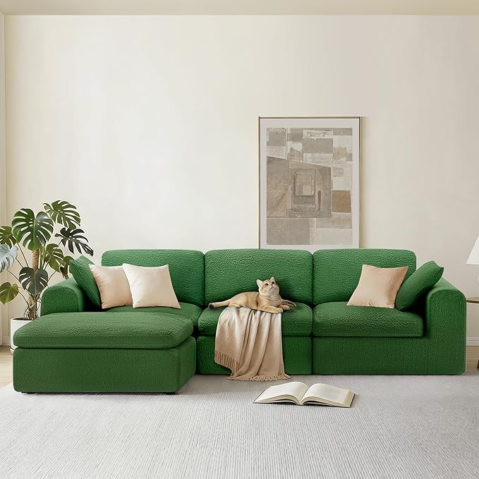 108 Boneless Cloud Couch Sectional No Assembly Required Modular Sofa with Deep Seat for Living Room L Shaped Couch with Ottoman Snowflake Fabric and Memory Sponge Moss Green