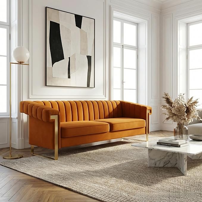 Luxury Velvet 3-Seater Sofa Mid-Century Modern Couch with Gold Metal Legs Waterfall Stitched Back Removable Cushions for Living Room Durable &amp Comfortable (Orange)