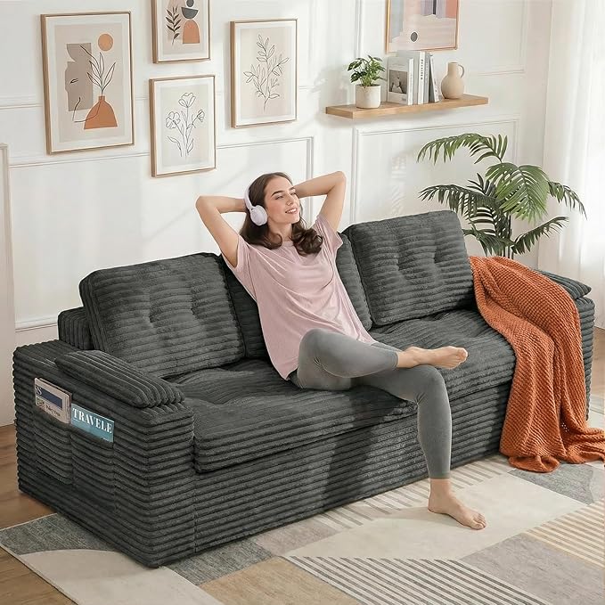83 Boneless Couch 3 Seater Cloud Corduroy Sofa in a Box with Deep Tufted Cushions Zero Assembly Removable Washable Cover Family-Friendly Living Room Couch Dark Grey