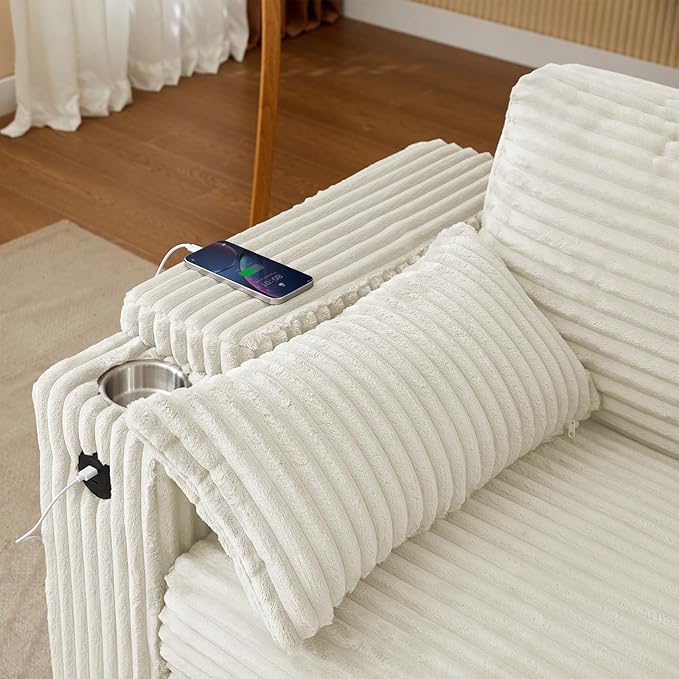 68.11 Corduroy Sleeper Chair Bed with USB Port Cup Holders &amp Side Storage Pockets – 3-in-1 Foldable Sofa Bed for Guest Room Living Room – White