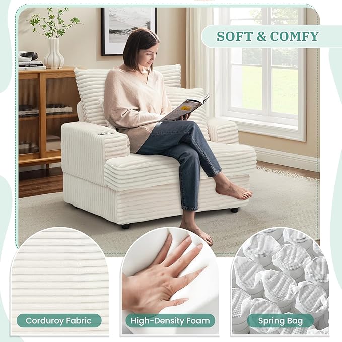 Chaise Lounge Chair Indoor 39 W Plush Corduroy Oversized Chair with Ottoman Upholstered Cozy Chaise with Cup Holder Modern Deep Seat Comfy Sofa Armchair for Living Room Bedroom(White)
