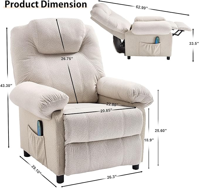 KCREAM Recliner Chair with Massage and Heat Mid Century Overstuffed Manual Reclining Chair Heated Massaging Recliner Chair for Small Places White