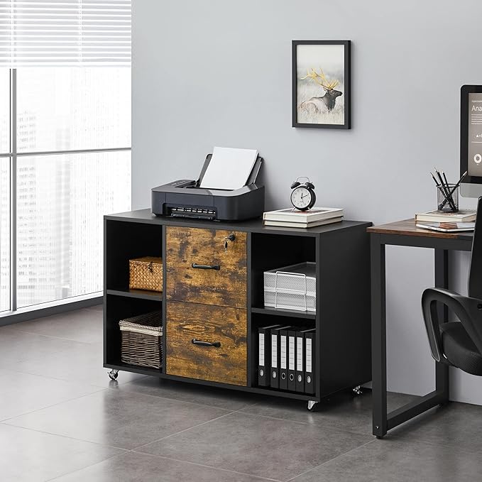 Topeakmart 2 Drawer File Cabinet for Letter Size A4 Size Large Mobile Lateral Filing Cabinet Printer Stand with 4 Storage Compartments for Home Office (Black/Rustic Brown)