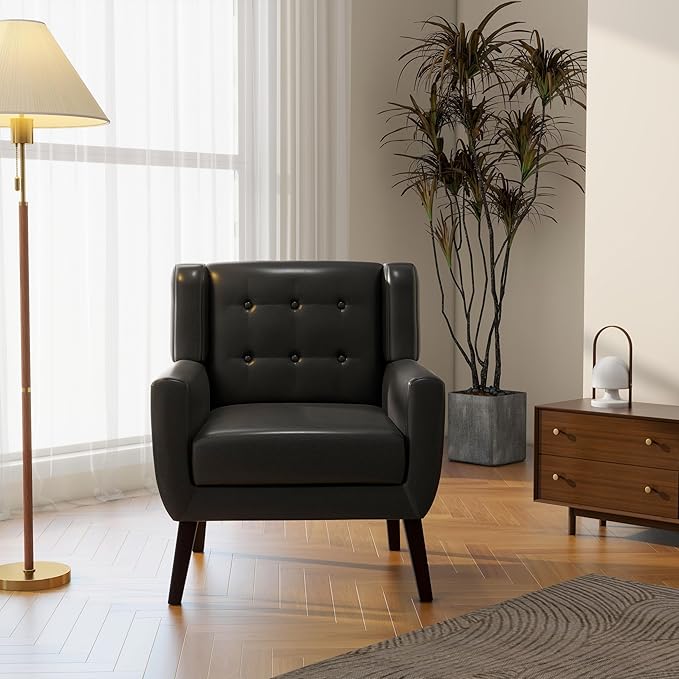 Accent Chair Mid-Century Modern PU Leather Chairs with Arms for Living Room Comfy Upholstered Club Single Sofa Armchair for Bedroom Waiting Room with Solid Wood Frame（Leather Black Set of 2)
