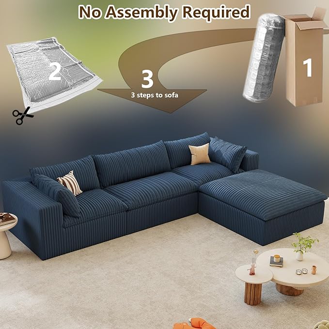 Modular Sectional Sofa Corduroy Plush L Shape Cloud Couch Modern Deep Seat Boneless Couches for Living Room Large Compression Sofas Luxury Fluffy Couchs Sectionals Blue