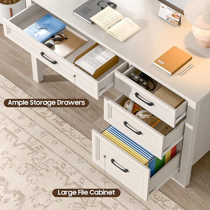 Vabches Farmhouse Executive Desk with Storage and Ample File Drawer Rustic Large Home Writing Desk for Bedroom Pure White