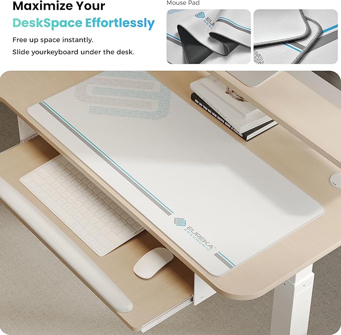 EUREKA ERGONOMIC 55 Inch L Shaped Electric Standing Desk Height Adjustable Computer Gaming Desk with Keyboard Tray Mouse Pad Home Office Work Maple Wood Left Side