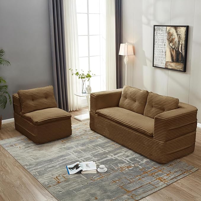 80 W Convertible Folding Sofa Bed Corduroy Futon Loveseat Sleeper Couch Bed with Blanket Full Size Compression Foam Floor Couch Boneless Foldable Mattress for Living Room Bedroom Camel