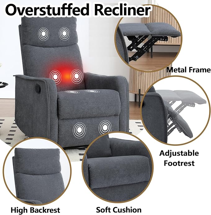 Massage Chair Recliner with Heat Swivel Rocking Chair Recliner with High Back Manual Lazy Boy Recliners for AdultsSmall Recliner Chair for Small Spaces Living Room Bedroom Fabric (Grey)