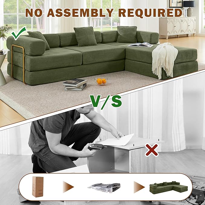 108 W Corduroy Modular Cloud Couch with Fixed-Shape Frame Oversized L-Shaped Sectional Sleeper Sofa Bed with Pull Out Bed No Assembly Modern Floor Boneless Couch for Living Room (Green)