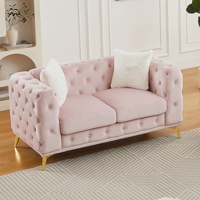 61.25'' Velvet Chesterfield Sofa Button Tufted Upholstered Love Seat Sofa Couch with 2 Pillows Golden Metal Feets Removable Thick Cushions Small Loveseat Couches for Living Room Apartment Pink