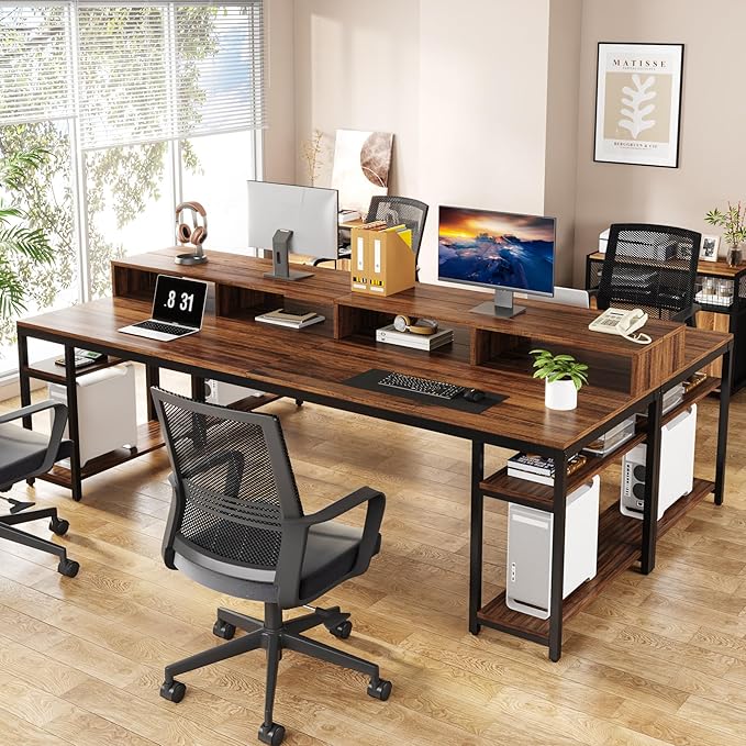 Tribesigns Two Person Desk with Monitor Stand 78.74 Long Double Computer Office Desk with Storage Shelves Large Gaming Study Writing Table Workstation for Home Office (Rustic Brown)