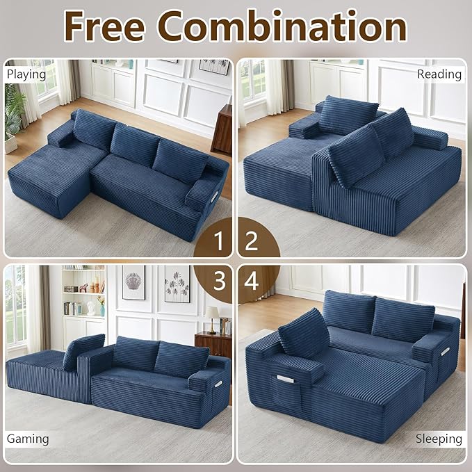 96.1 Modular Sectional Sofa Couches L-Shape Couch 3 Seat Modular Sofa Corduroy Memory Foam Sectional Boneless Couches for Living Room Cloud Couch with Oversized Chaise(Blue Left Facing)