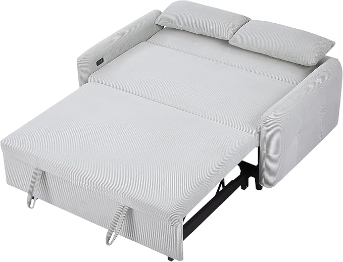 Modern 57.48 Pull-Out Sofa Bed 2 Seater Loveseats Sofa Futon Couch with Adjustable Backrest Convertible Couch Sleeper Sofa with Two Throw Pillows for Living Room (Light BlueCorduroy Fabric)