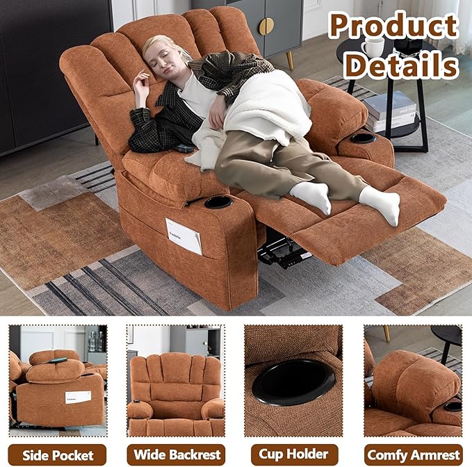 Massage Recliner Chair with Heat Brown Recliner Chair with Cup Holder for Adults Manual Reclining Chairs Large &amp Oversized Recliners for Living Room Fabric Heavy Duty (Brown)