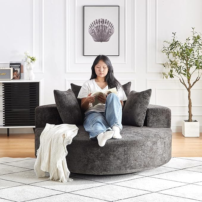 55 inch 360° Swivel Accent Chair Chaise Lounge Chair Indoor Oversized Round Swivel Accent Chair Modern Chenille Single Sofa Chair Deep Seat Chair for Living Room Bedroom Apartment Black