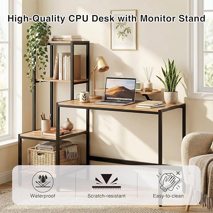 Computer Desk with Reversible Shelves Small Home Office Desk with Monitor Stand Metal Frame Wood Work Desk with Storage for Study Workspace