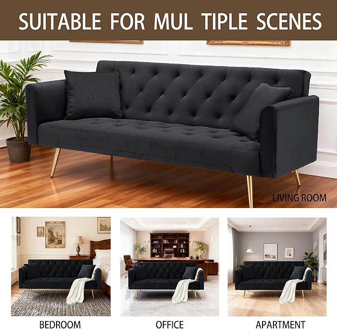 71 Velvet Futon Sofa Bed Convertible Sleeper Couch with 2 Pillows - Modern Loveseat Small Sofa 3-Angle Adjustable Backrest Golden Metal Legs for Living Room Bedroom Apartment Easy Assembly (Black)