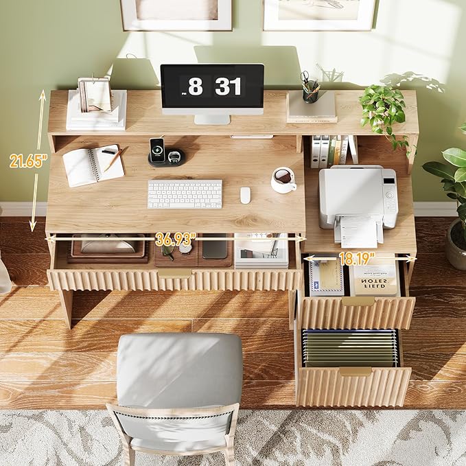 Vabches Fluted Computer Desk with Drawers Home Office Desk with Power Outlets Printer Stand and Storage Cabinet Study Writing Desks with Long Monitor Stand Oak