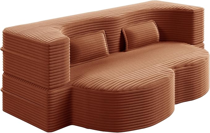 2 in 1 Folding Floor Couch Sofa Bed with 2 Pillows Convertible Sleeper Sofa Modern Full Mattress for Living Room Guestroom Plush Corduroy Floor Sofa BedNo Assembly RequiredOrange
