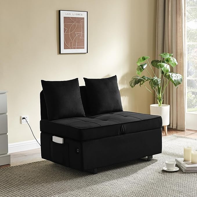 Sofa Bed 4-in-1 Convertible pull out Couch Velvet Love seat Couch Sleeper Chair Bed with 2 Throw Pillow Single Recliner with 5 Adjustable Backrests for Living Room Apartment Small Space Black