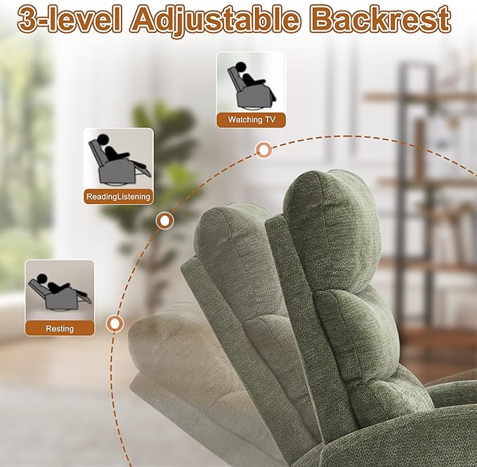 Manual Swivel Rocker Recliner Chair with Vibration Massage Overstuffed Glider Chair with Lumbar Heat for Nursery Living Room Reclining Sofa Chair Chenille Fabric Green