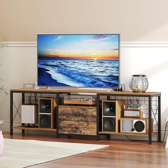 TV Stand with Power Outlet Up to 75 Inch Entertainment Center with 2 Fabric Drawers TV Console Table with Open Storage Shelves for TVs Cable Management for Living Room Bedroom DS18UBRY1