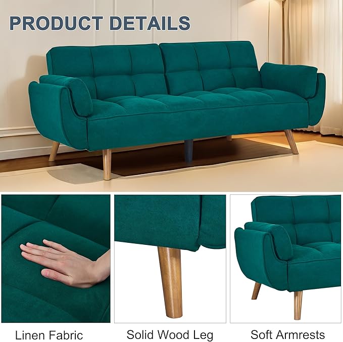 Convertible futon Sofa Bed Sleeper Sofa Bed with Adjustable backrest Small Space Small Sofa Living Room Bedroom (Green)