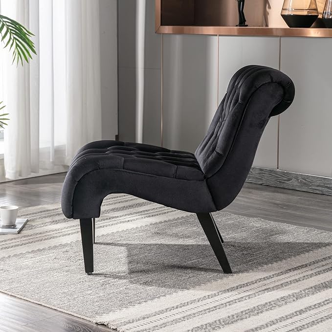Yoluckea Modern Upholstered Accent Chair S-Shape Armless Lounge Chair for Bedroom Living Room Comfy Velvet Chaise Chairs with Button Tufted Back and Solid Wood Legs Black
