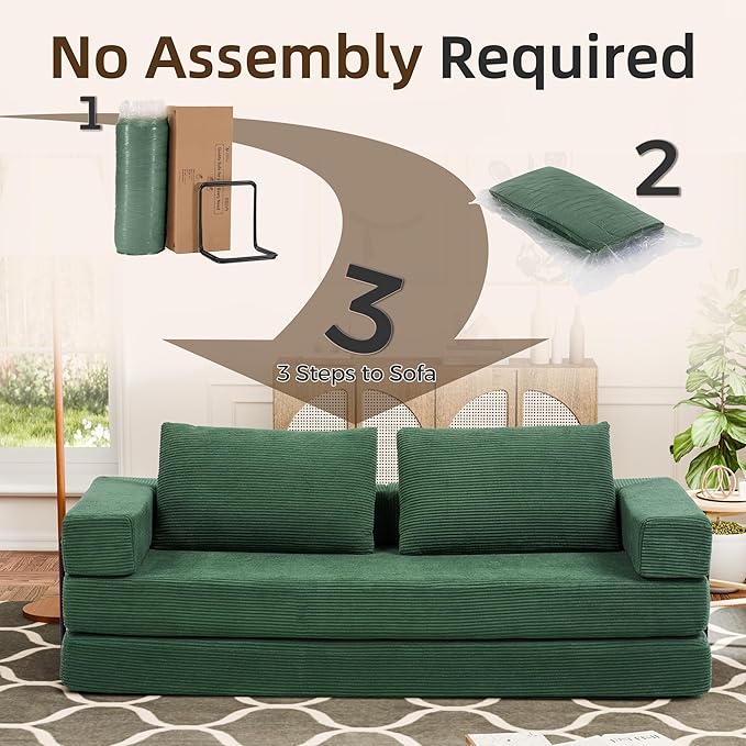 Convertible Sofa Bed 4-in-1 DIY Combination Modular Couch with Pillows Comfy Boneless Sleeper Sofa Bed with Fixed-Shape Frame Corduroy Convertible Lounge Couch for Living Room Green