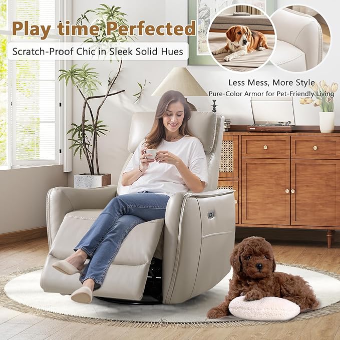 ANJ Power Swivel Rocker Recliner ChairNursery Rocking Chairs with USB &amp Type C PortUpholstered Faux Leather Glider Rocking Chair for Living Room Silver Gray