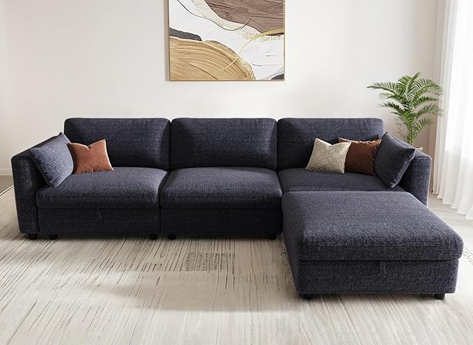 KKL Oversize Modular Sectional Sofa Couches for Living Room 113 L Shaped Sofa with Adjustable Backrest Couch Down Filled Sectional Sofa with Storage Ottoman Chenille Blue