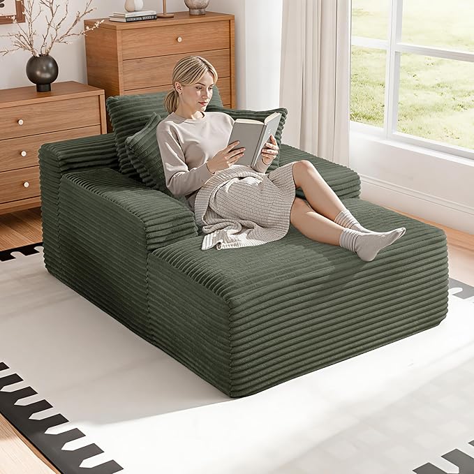 67 Inch Chaise Lounge Chair Indoor Oversized Corduroy Upholstered Boneless Sofa Bed with Amrests and 2 Pillows Cloud Sleeper Couch Reading Chair for Living Room