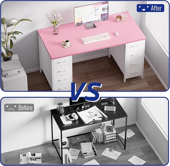 Pamray 47 Inch Computer Desk with 8 Fabric Drawers PC Gaming Desk Home Office Study Work Writing Table for Bedroom White