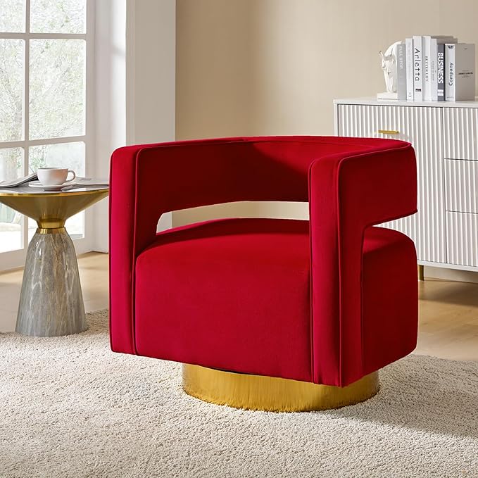 TINA'S HOME Swivel Accent Barrel Chair Modern Velvet Armchair with 3D Curved Open Back &amp Swivel Gold Metal Base Upholstered Club Chair for Living Room Bedroom Nursery Red(No Assembly Required)