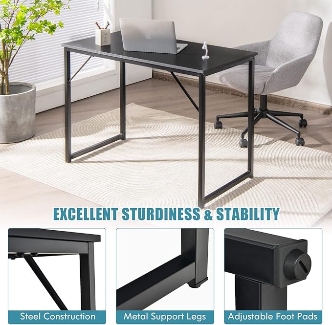 COSTWAY Home Office Computer Desk 40 inch Modern Simple Writing Study Desk Metal Frame Gaming Desk Laptop PC Workstation for Living Room Bedroom &amp Study (Black)