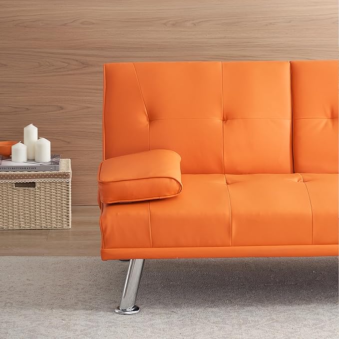70 Futon Sofa BedMultifunctional Convertible Folding Futon Sofa Bed with Coffee Table 3 Adjustable Reclining Sleeper Sofa Small Leather Couch for Living Room/Bedroom Small Spaces (Orange)