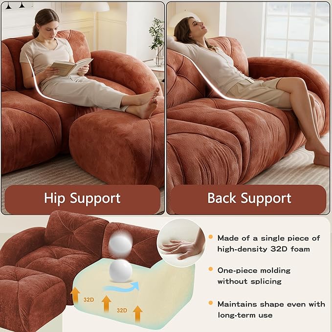 Boneless Couch Modular Sectional Sofa 110.6 U Shaped Sectional Couches for Living Room 3 Seater Cloud Couch with Ottoman Retro Velvet Floor Sofa for Bedroom No Assembly RequiredRed-Brown