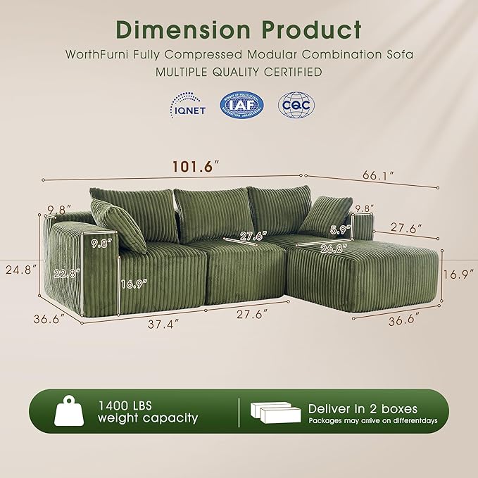 WorthFurni Cloud Modular Sofa Couch with L-Shape ChaiseModern Sectional with Deep Seat Upholstered Couches for Living Room BedroomNo Assembly Required Plush Corduroy Fabric 102(Green)