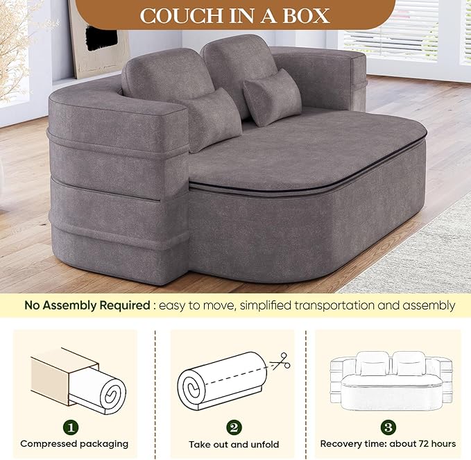 Antetek Convertible Sleeper Sofa Modern Folding Futon Chenille Floor Foam Compression Loveseat Sofa Bed Couch Foldable Full Size Guest Bed with 4 Pillows for Living Room Bedroom Apartment Grey