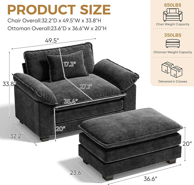 HUSFU Oversized Accent Chair with Ottoman Chenille Cloud Couch Chair with Deep Seat and Extra Wide Armrests Comfy Reading Armchair for Bedroom Living Room Set of 2 Black
