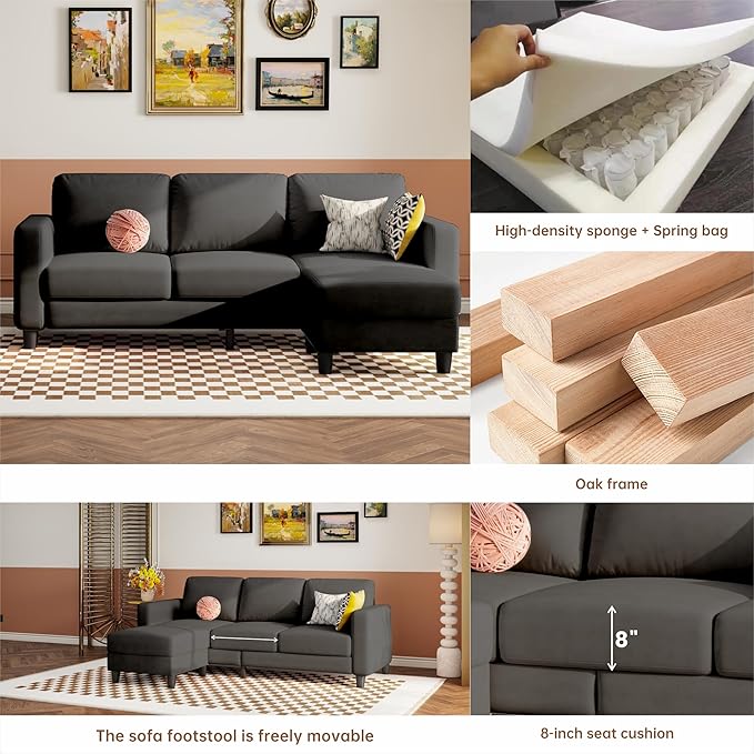 73 Small Sectional Sofa with Reversible Chaise Linen Fabric L-Shaped Couch with Solid Oak &amp Iron FrameHigh-density Sponge Spring Seat CushionRemovable Sofa Cover Compact Apartments and Studios