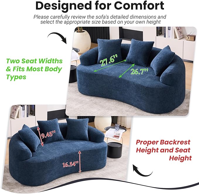 65 Curved LoveseatDeep Seat Cloud Floor Couch with 3 BackrestCozy Chenille FabricSmall Loveseat for Small SpacesBedroomOfficeApartment (Blue 65 Inch)